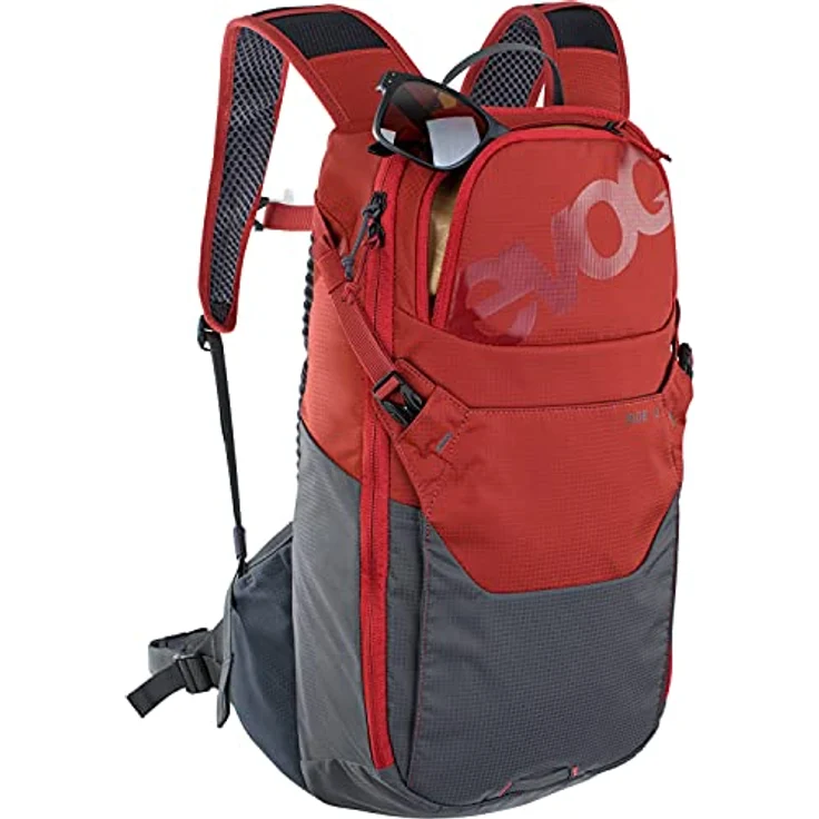 EVOC RIDE 12, Protektor Fahrradrucksack mit AIR-PAD-Rückenpolsterung, cleverem Taschenmanagement und Helmhalterung, 12 Liter, Chili Rot / Carbon Grau – Bild 3
