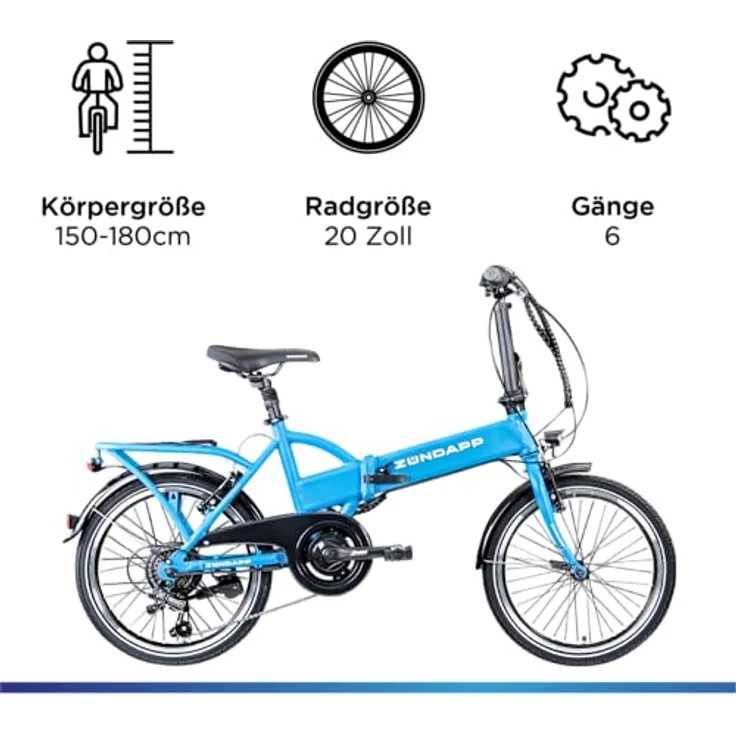 ZÜNDAPP Z101 20 Zoll E Bike Faltrad Damen Herren Elektrofahrrad klappbar Ebike Pedelec E-Bike - 6 Gänge, LED Licht, V-Bremsen - Schwarz – Bild 4