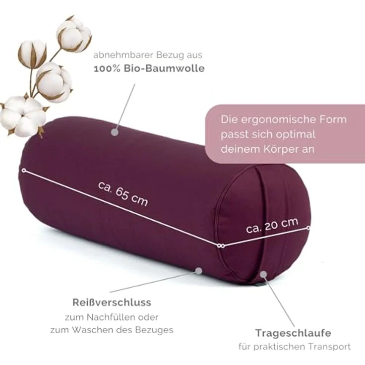 Bodhi | Yoga Bolster ECO | 100% Bio-Baumwolle | Yogarolle mit Bio Dinkelfüllung | Waschbarer Bezug | Yogakissen rund für Restoratives Yoga Übungen | Groß ca. 65 x 20 cm | lila – Bild 2