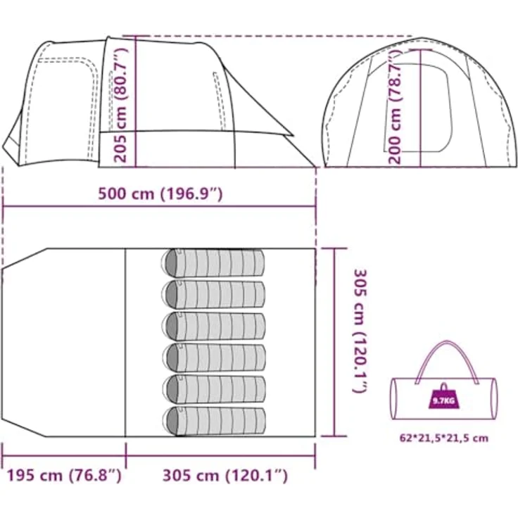 vidaXL Familienzelt, 6-Personen Campingzelt mit Steckverbindungssystem, wasserdichtes Kabinenzelt mit E-Anschluss, Wurfzelt, Grün aus 185T Polyester – Bild 3