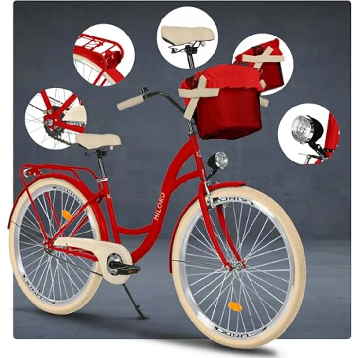 Milordbikes City-Fahrrad, Rot, 46 cm, leichtes Metall-Citybike mit Aluminiumfelgen und hinterem Träger für Freizeit und Fitness – Bild 7
