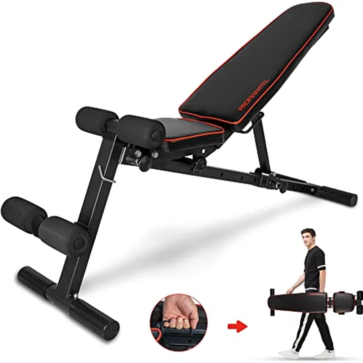 MULTIFUNKTIONSTALENT! Profihantel Klappbare 3 in 1 Studio Hantelbank, NEU - Sitz 2-fach verstellbar, Intelligentes Klappsystem, kein Aufbauen notwendig, Pin- gesichertes Verstellsystem, inklusive dem neuen 24-seitigen Trainingsratgeber mit 33 Übungsbeispielen und Einsteiger-Trainingsplan schwarz/rot Unisex – Bild 2