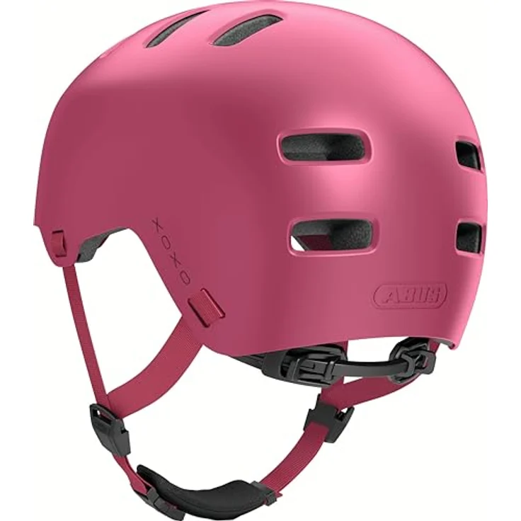 ABUS Fahrradhelm XOXO, Cityhelm im Skater-Look für Skateboard, Fahrrad und Scooter, mit optimiertem Kinnpolster, Größe S, mono rot – Bild 4
