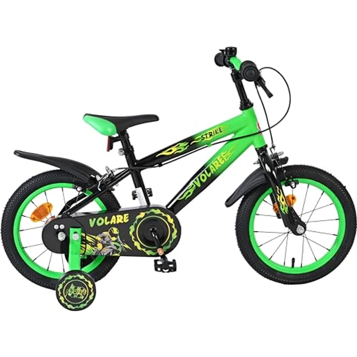 Volare Kinderfahrrad Strike 14 Zoll für Jungen – Schwarz-Grün, zwei Handbremsen, abnehmbare Stützräder, höhenverstellbarer Sattel und Lenker, geschlossener Kettenschutz – Bild 2