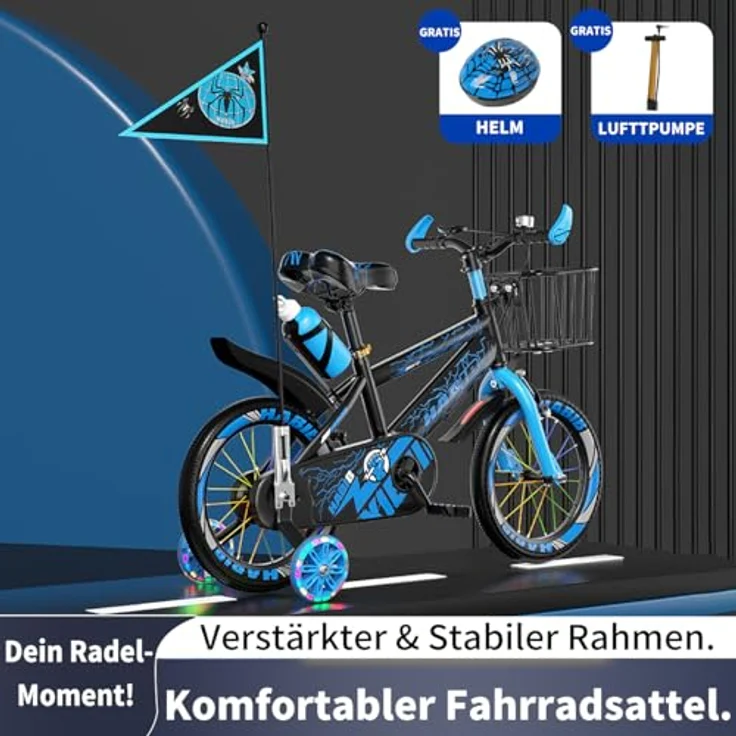 Habib Gruppe Kinderfahrrad, Komplettset mit Sicherheitshelm, LED-Stützrädern, höhenverstellbarem Lenker und stabilem Stahlrahmen – Bild 3