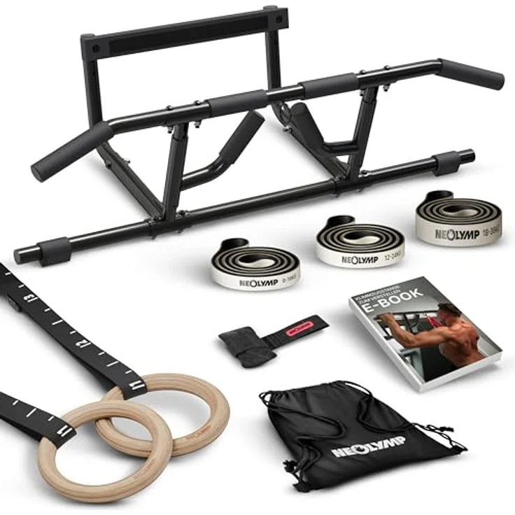 NEOLYMP Trainingsstation Calisthenics Set – Premium Klimmzugstange, Turnringe aus Birkenholz, Resistance Bands – Platzsparendes Home Gym Komplettset für Eigengewichtstraining – Bild 1