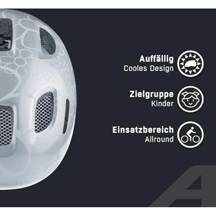 ALPINA Ximo, leichter und bruchfester Kinderfahrradhelm mit optionalem LED-Licht, Silver Flower Gloss, 47-51, 360°-Fitsystem, hohe Sichtbarkeit – Bild 3