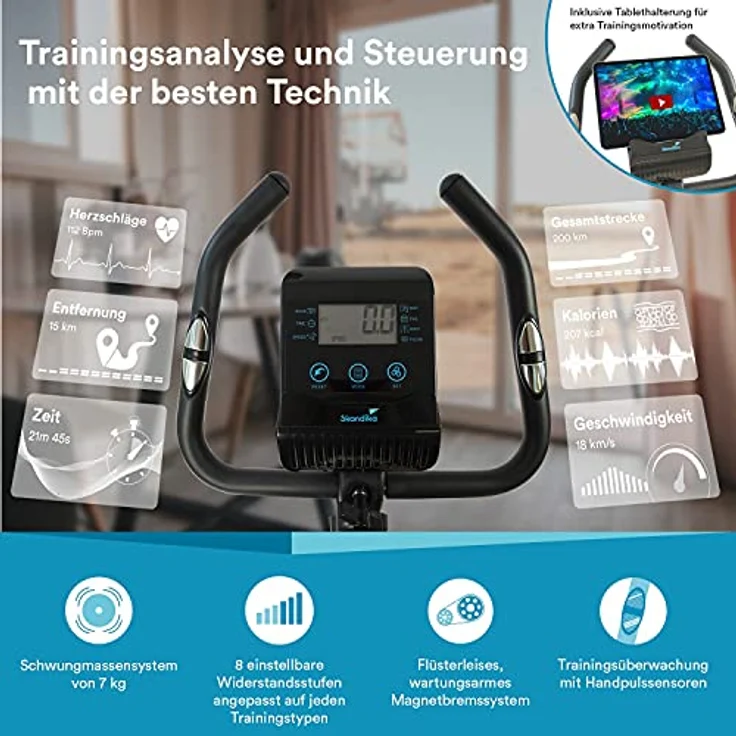 Skandika Heimtrainer Fahrrad Bragi | Hometrainer für Zuhause, 7 kg Schwungmasse, Magnetbremssystem, Kinomap für virtuelles Training, Höheneinstellung, Indoor-Fahrrad, Transportrollen, Tablethalterung – Bild 2
