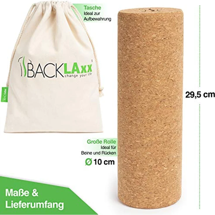 BACKLAXX ® Faszienrolle Set aus Kork – schadstofffreie, antibakterielle Faszienrolle für Rücken und Wirbelsäule, inkl. Anwendungsvideos und Baumwolltasche – Bild 3