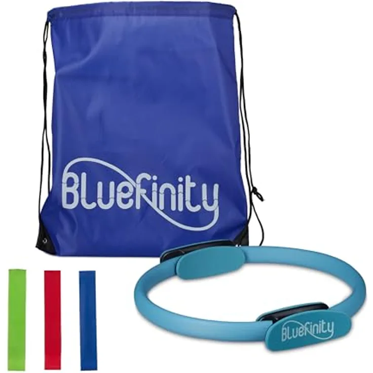 Relaxdays Bluefinity Pilates Ring, Doppelgriff, Gepolstert, Fiberglas, mit Bändern, türkis