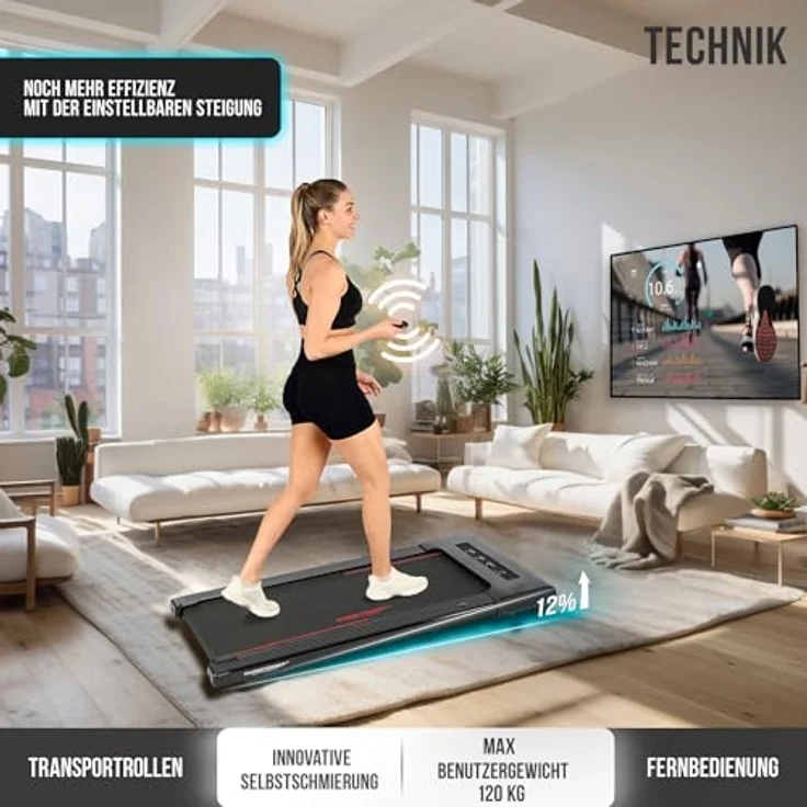 Christopeit Walking Pad 4.1, ultraflaches Laufband (11 cm), bis 6 km/h, 7 Programme, LED-Display, Bluetooth, Pulsmessung, kompatibel mit Kinomap/Zwift/Fithome, bis 120 kg, platzsparend – Bild 2
