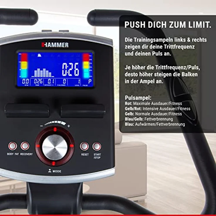 HAMMER Ergometer Cardio Motion BT, leises Fitnessfahrrad mit tiefem Einstieg und Comfort-Sattel, geeignet als Heimtrainer für Senioren, Bluetooth und App-Steuerung, Tablethalterung, 110 x 52 x 140 cm – Bild 4