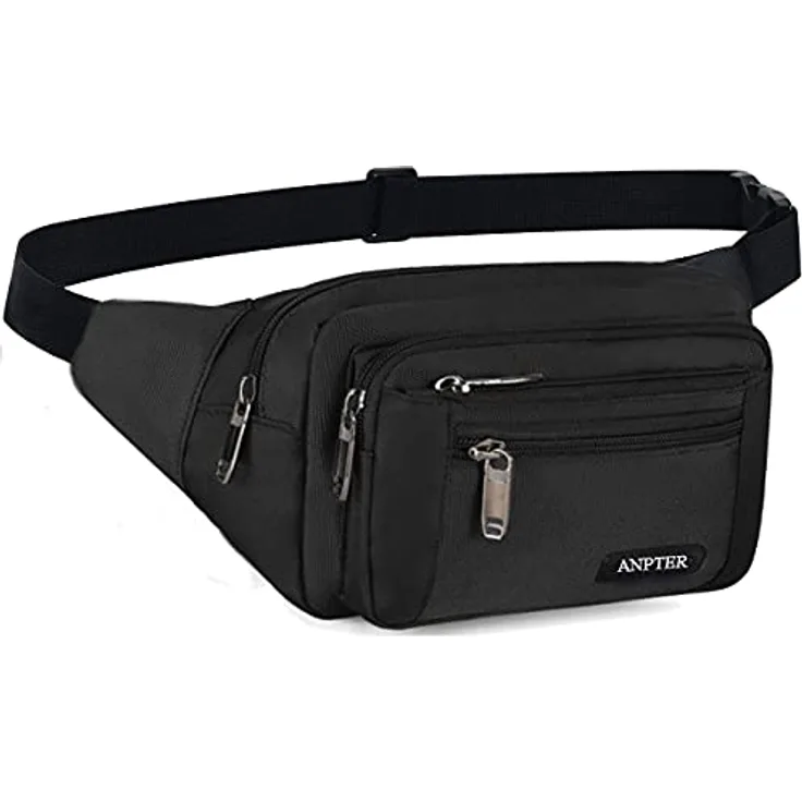 ANPTER Gürteltasche Bauchtasche Hüfttasche mit 5 Reißverschlusstaschen, verstellbarer Gurt, schwarz, Ideal für Outdoor Aktivitäten und Sport