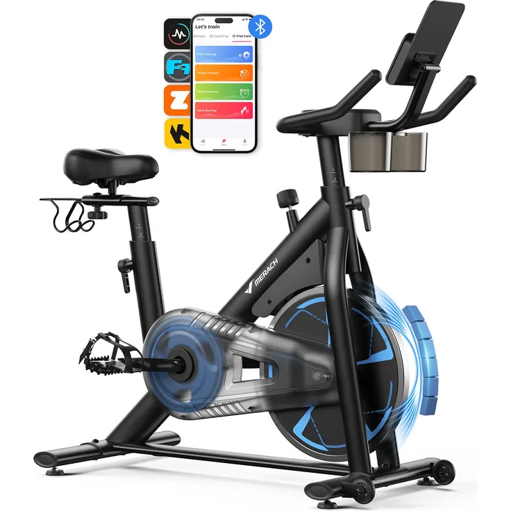 Merach Heimtrainer Fahrrad, leises Fitnessbike mit LCD-Display, magnetischem Widerstand, 8 Widerstandsstufen, bis 150 kg belastbar, Bluetooth-Konnektivität, ergonomischer Sitz