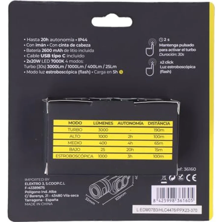 EDM Stirnlampe 3000 lm, 4 Modi, IP44, 2600mAh Lithium-Batterie, USB Typ-C, mit Stirnband und Magnet – Bild 6