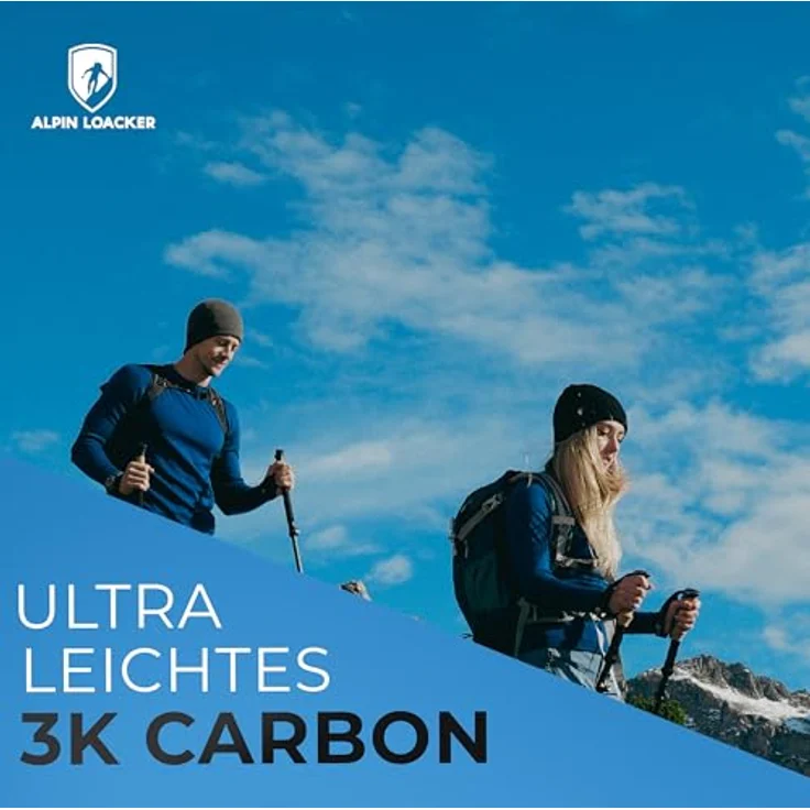 ALPIN LOACKER Teleskop Wanderstöcke Carbon, ultraleichte Nordic Walking Stöcke mit Korkgriff, verstellbar von 105 bis 135 cm, inkl. Zubehör und Transporttasche – Bild 2