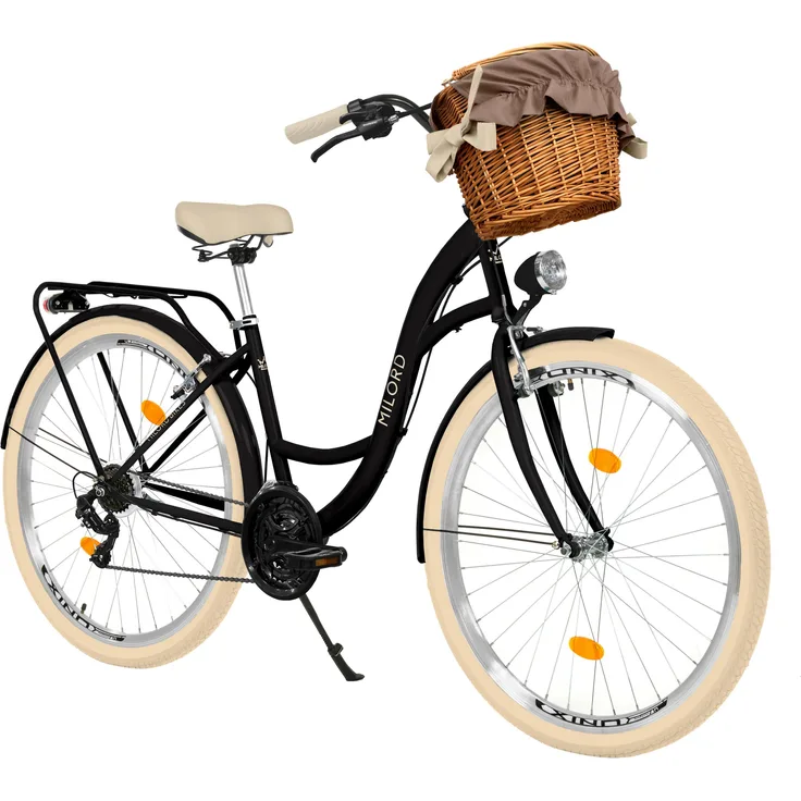 MILORD Damenfahrrad Citybike Komfort, 21-Gang, 28 Zoll, Schwarz-Creme mit Weidenkorb