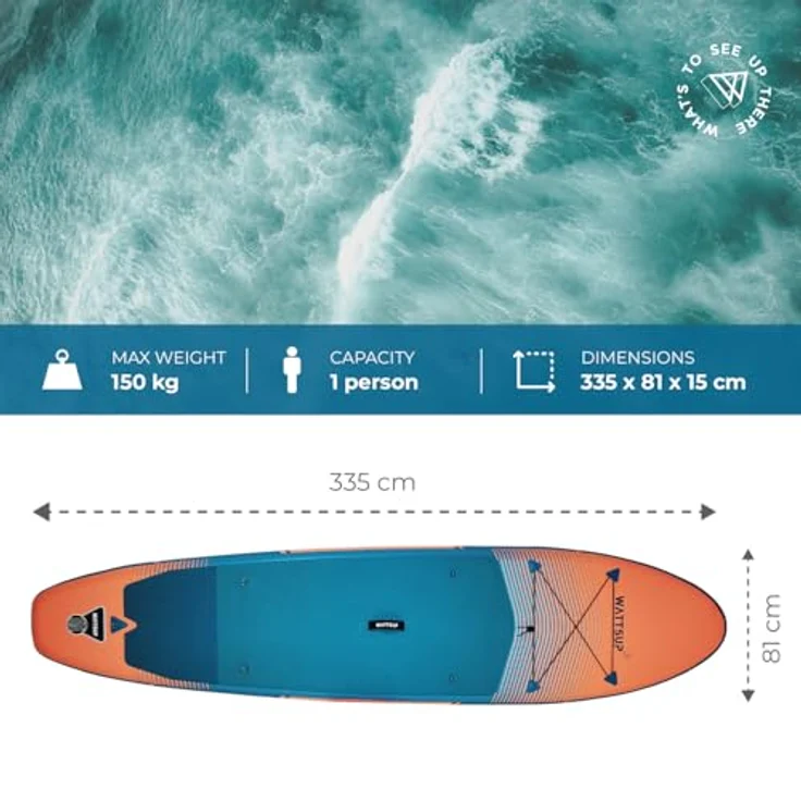 WattSUP F11 SUP Board Stand Up Paddle Surf-Board Paddel ISUP 335x81cm, Kunststoff, Blau / Orange – Bild 11
