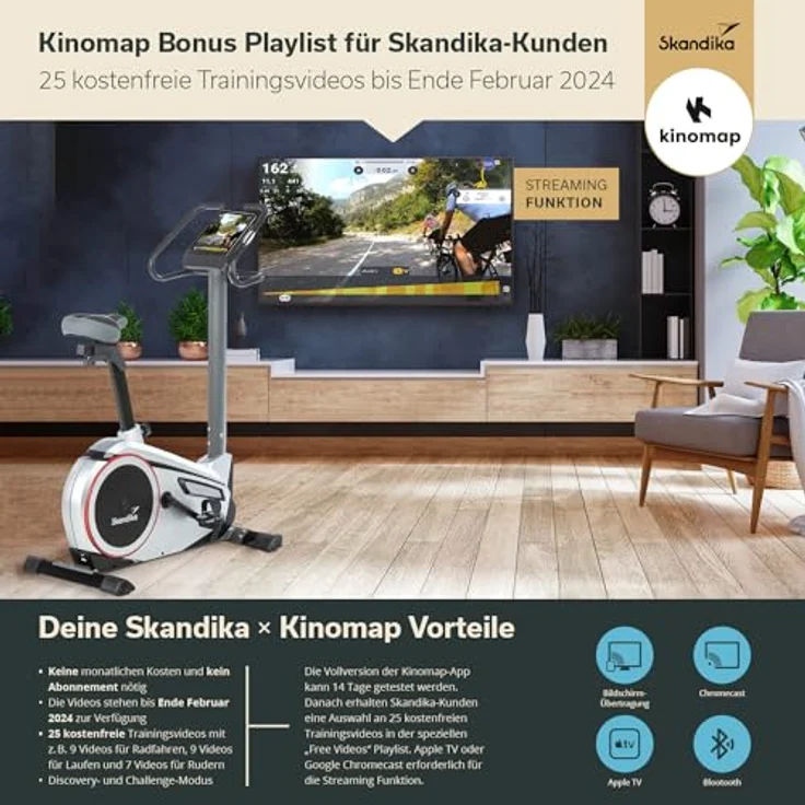 Skandika Ergometer Morpheus | Heimtrainer für Zuhause, 12 kg Schwungmasse, 32 Widerstandsstufen, 24 Programme, App Kompatibel mit Kinomap, Pulsgurt, Tablethalterung | Indoor Fahrrad bis 150 kg – Bild 4