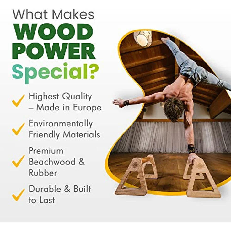 WOODPOWER® PowerBars Holz-Parallettes gelenkschonende Liegestützgriffe, Handstand-Barren & Minibarren, rutschfest für Indoor & Outdoor für Calisthenics, Körpergewichtstraining & Yoga (2 Stück) XL – Bild 5