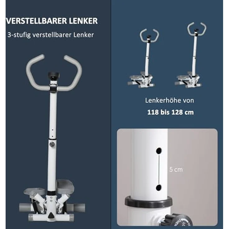 HOMCOM Stepper mit Handgriff, Fitness Heimtrainer für Bein- und Po-Training, LCD-Bildschirm, einstellbare Geschwindigkeit, Metall und ABS, Weiß+Grau, 55 x 53 x 118-128 cm – Bild 5