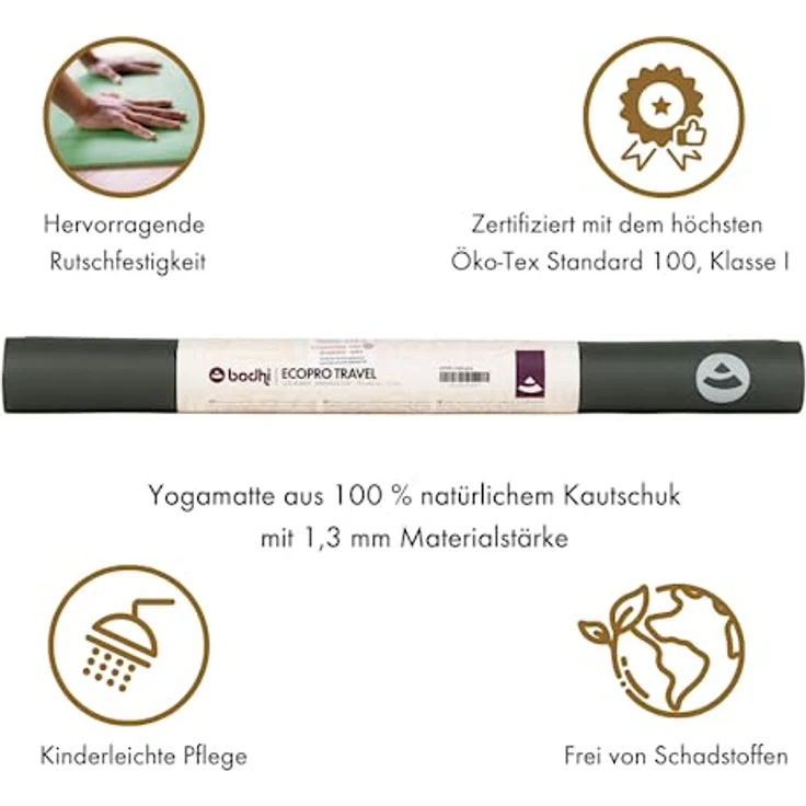 Bodhi Yogamatte ECO PRO Travel | 100% Naturkautschuk | Superleicht & Faltbar | Extrem Rutschfest | Ökologisch | Profi-Matte für Yoga & Pilates | Ideal zum Reisen | 185 x 60 x 0,13 cm | schiefergrau – Bild 3