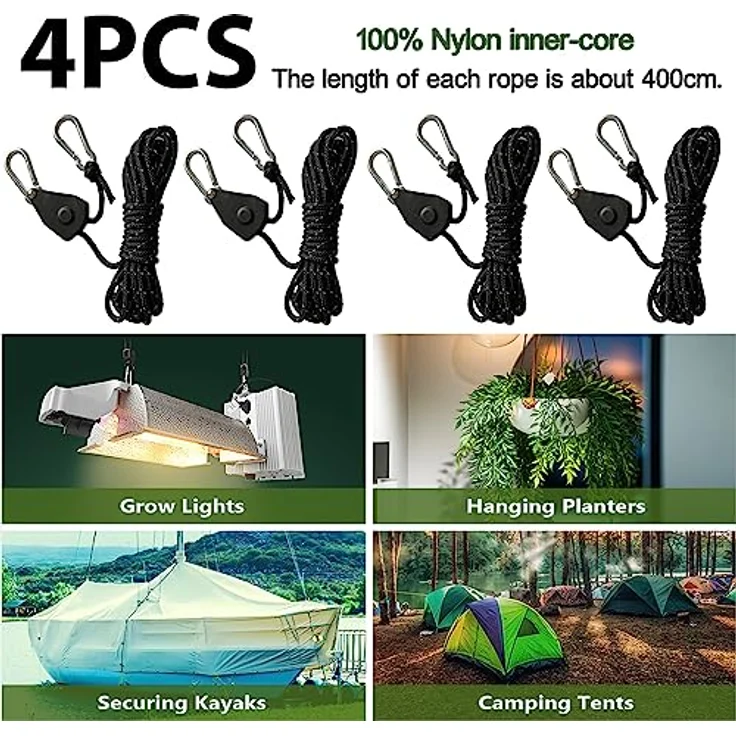 Tceapoo 4 Stück Reflektierende Abspannseile, 13ft/4M mit Seilspanner und Haken, Ø 4mm, für Zelt, Camping und Outdoor-Aktivitäten – Bild 4