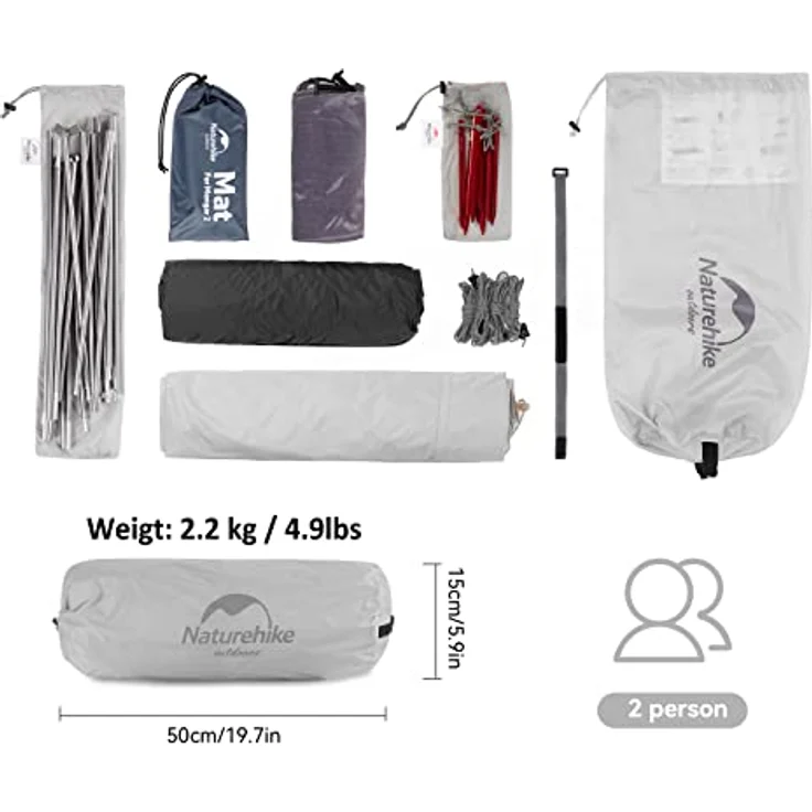 Naturehike Mongar Ultralight Zelt, 2-Personen Campingzelt aus wasserdichtem 20D Nylon in Grau, leicht und atmungsaktiv mit 2 Türen und Foyer-Design – Bild 3