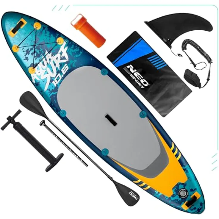 Neo-Sport Aquasurf 10.6, Aufblasbares Stand Up Paddle Board Set, 320 cm, inkl. Handpumpe, verstellbarem Paddel, Sicherheitsleine, Rucksack und Reparaturkit, bis 140 kg belastbar