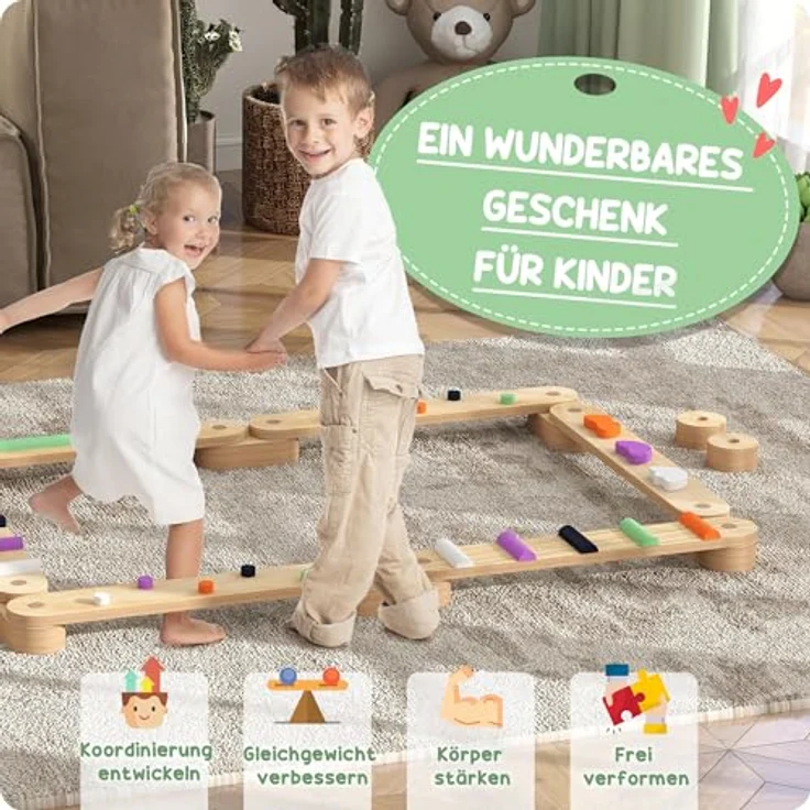 AIYAPLAY Balanceboard Holz Schwebebalken, Mehrfarbig mit Bunte Hindernissteine, für Koordination und Stabilität, geeignet für 3-8 Jahre Kinder – Bild 3