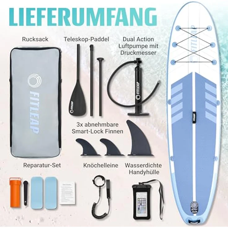 Fitleap Premium Stand Up Paddle Board aufblasbar, SUP Set mit Hochdruckpumpe, verstellbarem Paddel und Rucksack - Ideal für Yoga, Surfen und Wassersport – Bild 4