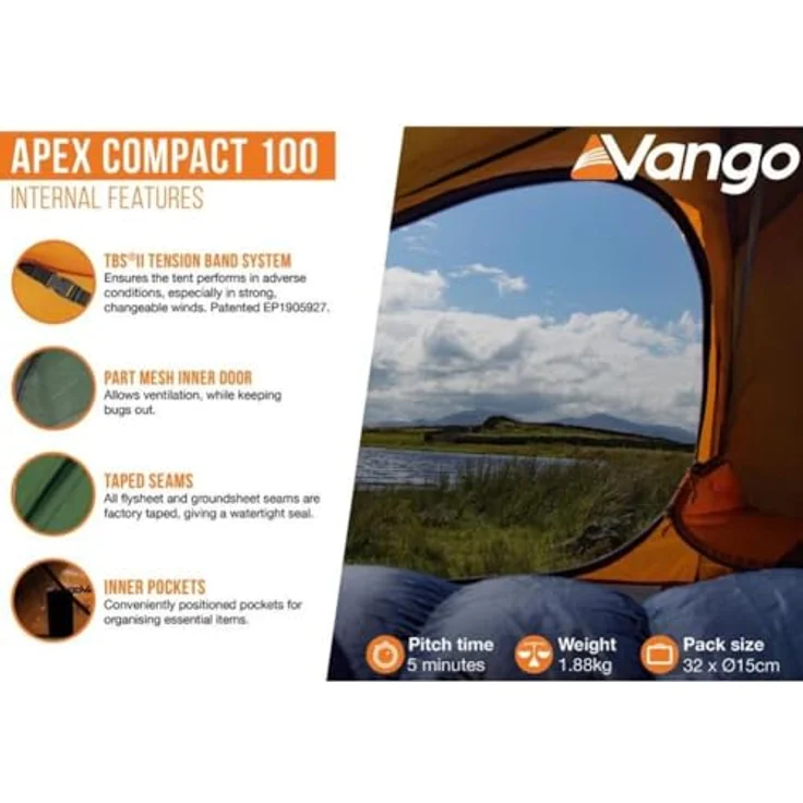 Vango Apex Compact 100, leichtes 1-Mann-Zelt mit Protex Eco Ripstop-Außenzelt, Tunnelzeltkonstruktion, Waldgrün – Bild 4