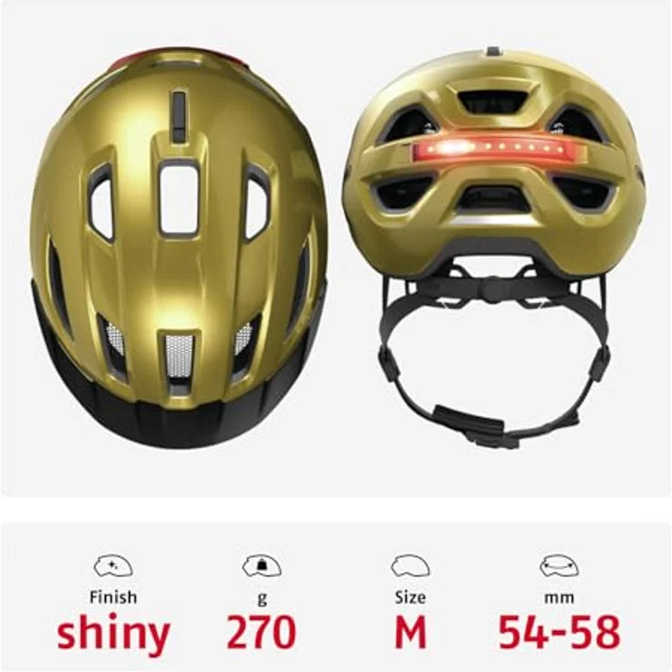 ABUS Stadthelm Urban-I 4.0, Fahrradhelm mit aufladbarem Rücklicht, 2 Leuchtmodi, Schirm, Zopf-Öffnung, magnetischem Verschluss, Größe M, gelb – Bild 3