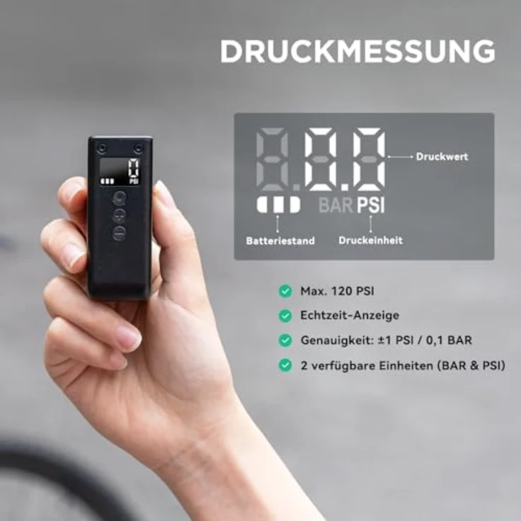 Cycplus AS2 PRO Mini Electric Pump, kompakte elektrische Fahrradpumpe mit 120 PSI, USB-C Schnellladung, für Presta und Schrader Ventile – Bild 2