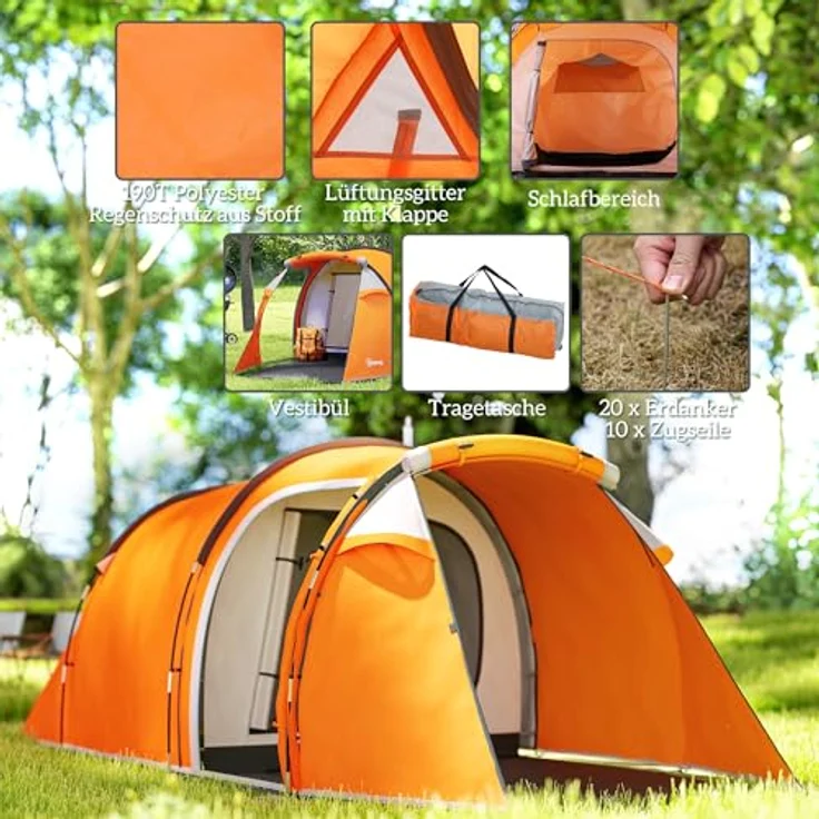 Outsunny Tunnelzelt für 2-3 Personen, wasserdichtes Campingzelt mit Vorraum, 2000mm Wassersäule, orange – Bild 3