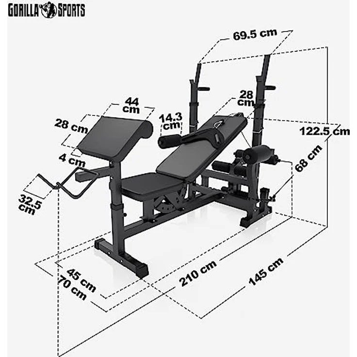 GORILLA SPORTS® Hantelbank mit Gewichten - 170 cm Hantelstange, 40/70/100 kg Hantelset, Beincurler, Butterfly, Dip-station, Curlpult - Trainingsbank, Fitnessstation, Kraftstation mit Langhantel – Bild 2