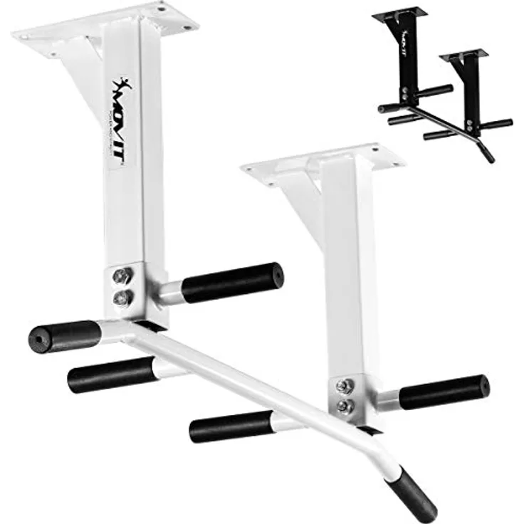 MOVIT® Profi Klimmzugstange zur Deckenmontage, bis 350 kg, 6x rutschfeste Griffe, 2x Ösen für Zubehör, schadstoffgeprüft, Weiß, Türreck Reckstange Pull up bar - Preisvergleich