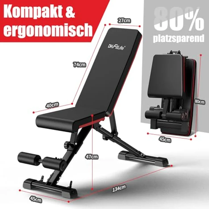 DH FitLife Hantelbank klappbar verstellbar, Schrägbank Flachbank für Bankdrücken Rückentrainer u. Bauchtrainer, Trainingsbank Fitnessbank multifunktional für Fitness Krafttraining, Weight Bench – Bild 5