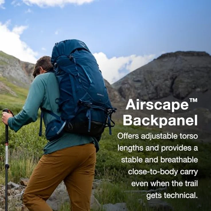 Osprey Kestrel 38 Wanderrucksack, langlebig mit integrierter Regenhülle und AirScape Rückenplatte, Atlas Blue L/XL – Bild 3