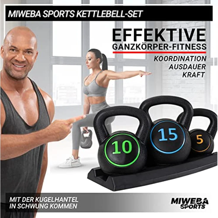 Miweba Sports Kettlebell Hanteln Set | Kugelhantel Set - Hantelset 5 | 10 | 15 lbs - Kettlebells - Schwunghantel - Inklusive Ablage für Kugeln - Gewichte für Anfänger/Fortgeschrittene/Profi – Bild 2