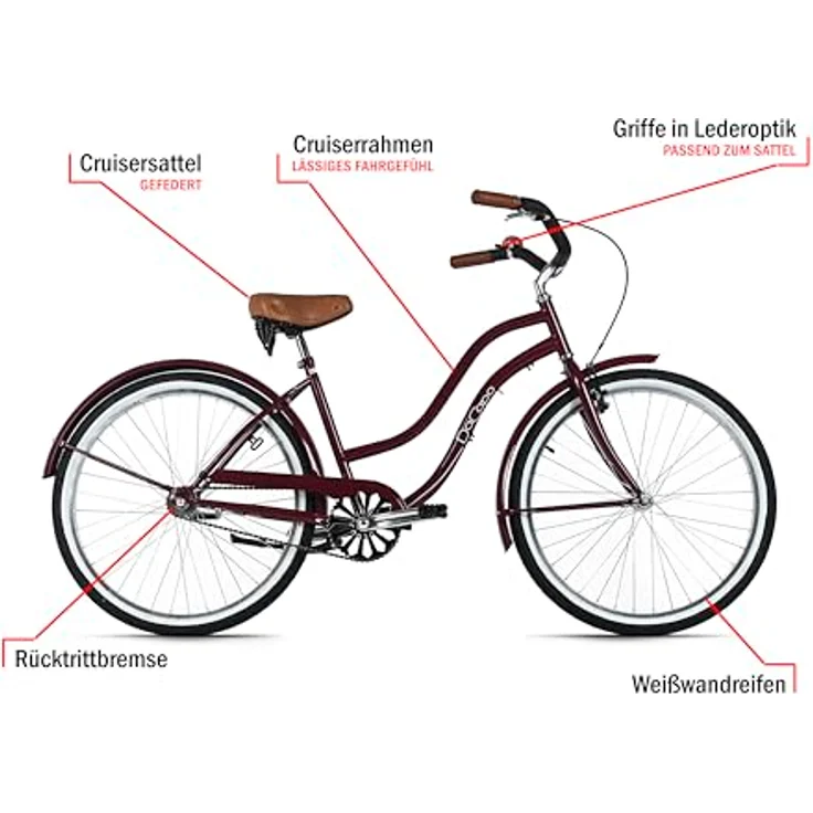 DACAPO Beachcruiser Damen 26" in Rot, Singlespeed mit V-Brakes, geeignet für Körpergrößen von 145-185 cm – Bild 4