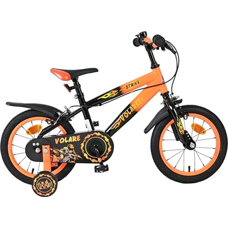 Volare Strike 14 Zoll Kinderfahrrad für Jungen – Schwarz-Orange, 2 Handbremsen, abnehmbare Stützräder, geschlossener Kettenschutz, Reflektoren vorne und hinten – Bild 2