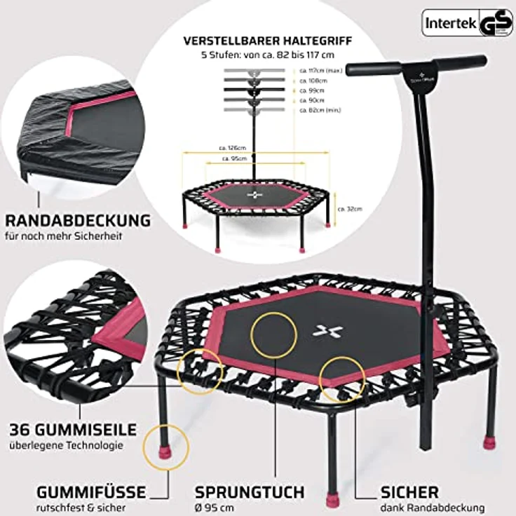 SportPlus I I Fitness Trampolin für zuhause, mit Haltestange (5-Fach höhenverstellbar), weiche Gummiseilfederung, sehr leise & bis 130 kg belastbar – Bild 5