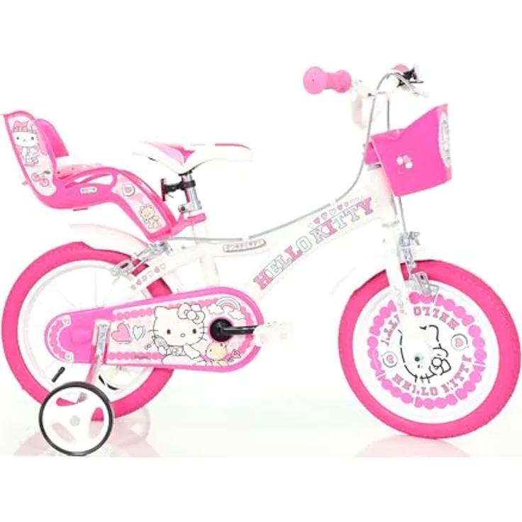 Dino Bikes Hello Kitty Mädchenfahrrad 16 Zoll, Stahlrahmen, aufblasbare Reifen, mit Stabilisatoren und Korb