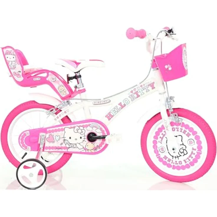 Dino Bikes Hello Kitty Mädchenfahrrad 16 Zoll, Stahlrahmen, aufblasbare Reifen, mit Stabilisatoren und Korb – Bild 1