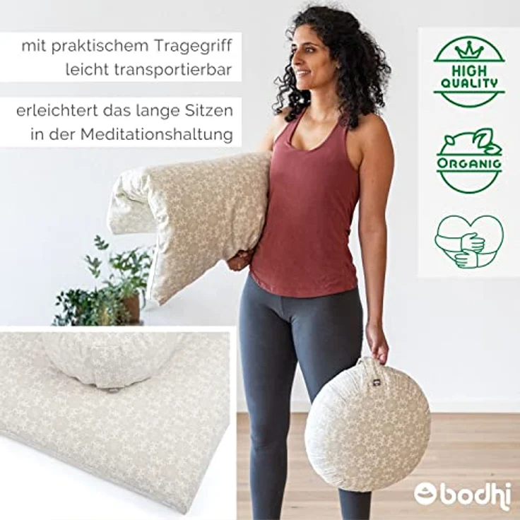 Bodhi Meditations-Set | Maharaja Collection | Meditationsmatte (Zabuton) & Meditationskissen Rondo mit Dinkelfüllung | Bezug aus Baumwolle | Unterlage zur Meditation (Madurai/Ecru) – Bild 5