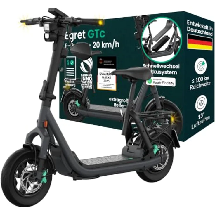Egret GTc E-Scooter, 20 km/h mit Straßenzulassung, bis 150 kg, 100 km Reichweite, Vollfederung, Schnellwechsel-Akku