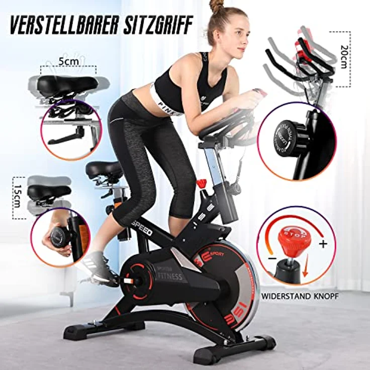 ISE Ergometer Heimtrainer Fahrrad, Indoor Cycling Bike mit Programm und Display, Armauflage, Pulsmesser, Fitnessbike Zuhause, SY-7005-1 – Bild 5