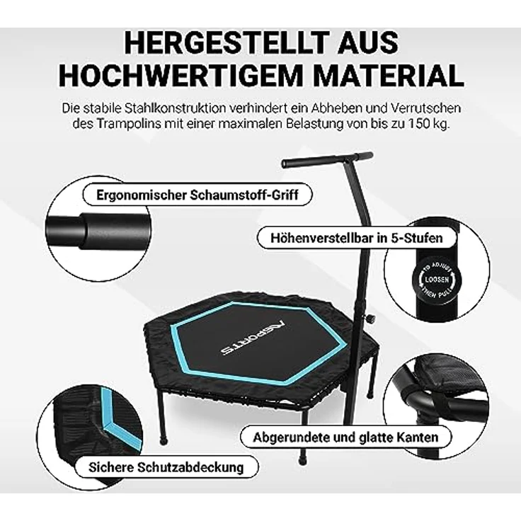 Fitness Trampolin Premium mit Klappfunktion und Haltestange für Indoor und Outdoor | mit Höhenverstellung 150 kg Belastbarkeit | Fitnessstudio oder zu Hause (Blau) – Bild 3