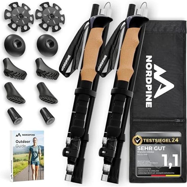 NEOLYMP Faltbare Wanderstöcke aus Carbon & Aluminium, ultraleichte Trekkingstöcke mit Korkgriff, Wolframspitze und Gummipuffer, verstellbar 115-135 cm – Bild 1